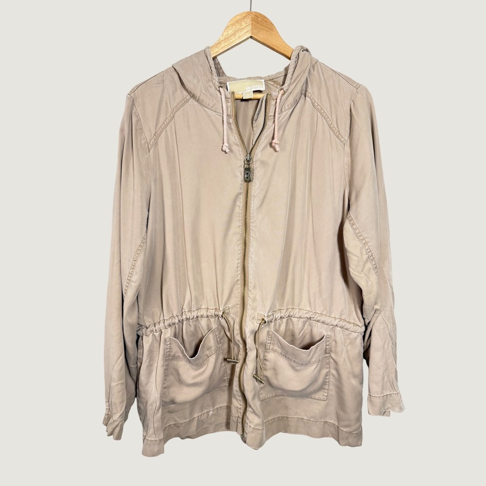 Michael Kors Womens Tan Lyocell Hooded Anorak Jacket Drawstring Waist Large